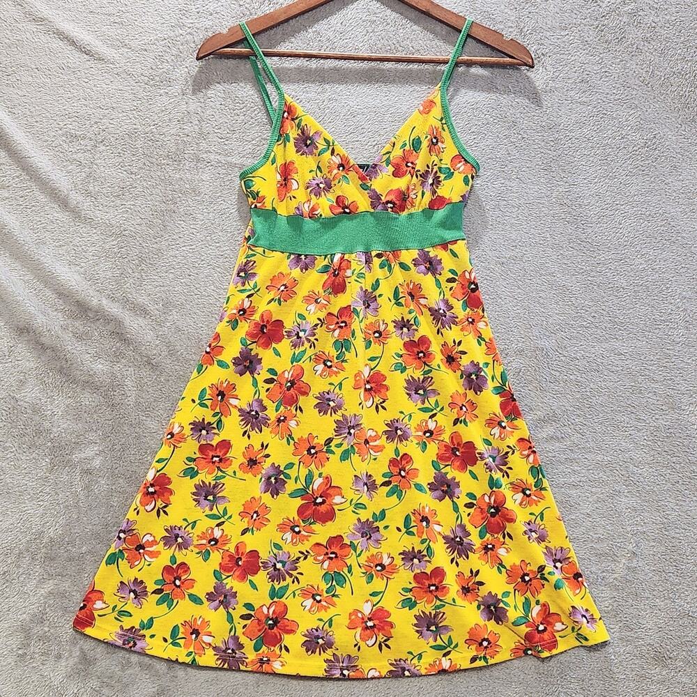 Vintage Wet Seal Yellow Green Floral Empire Waist Mini Dress Size Small Y2K 90s